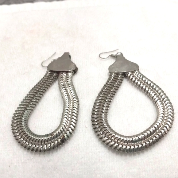 3" long Silver Tone Braided Look Hoop Pierced Earrings - Picture 4 of 4